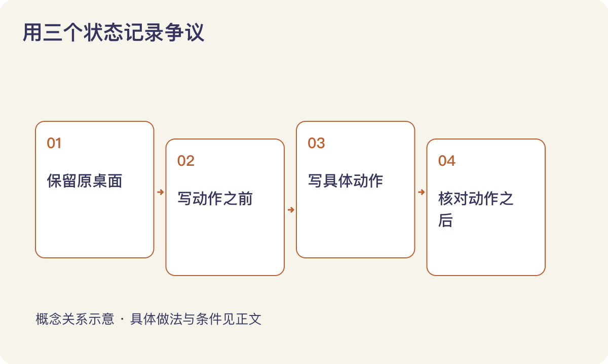 用三个状态记录争议:保留原桌面;写动作之前;写具体动作;核对动作之后